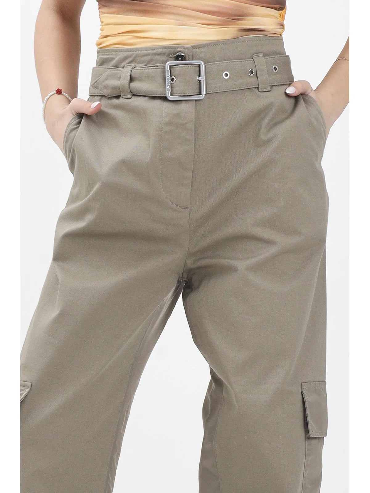 High-Waist Khaki Trousers With Wide-Leg Silhouette And Belted Waist