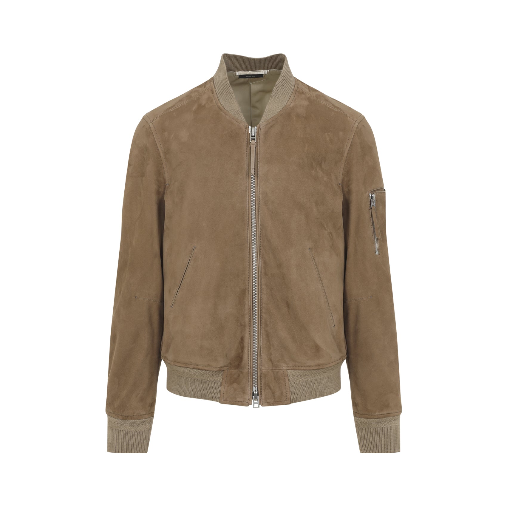 Suede Lamb Leather Bomber Jacket With Zippered Pockets