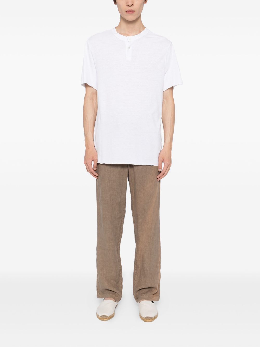 Henley Collar White T-Shirt With Raw Edges
