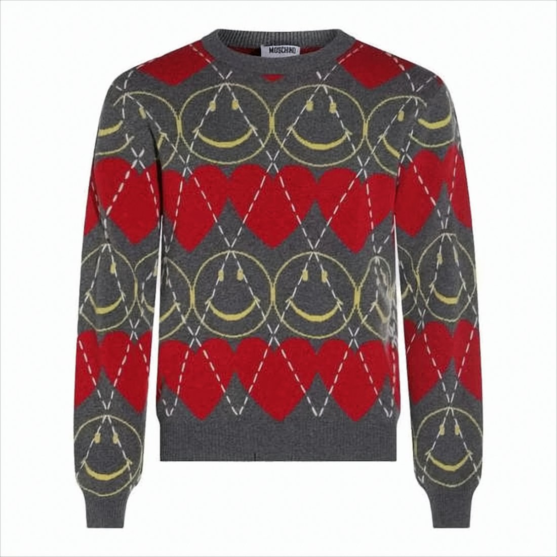 Grey Argyle Pattern Sweater with Playful Motifs