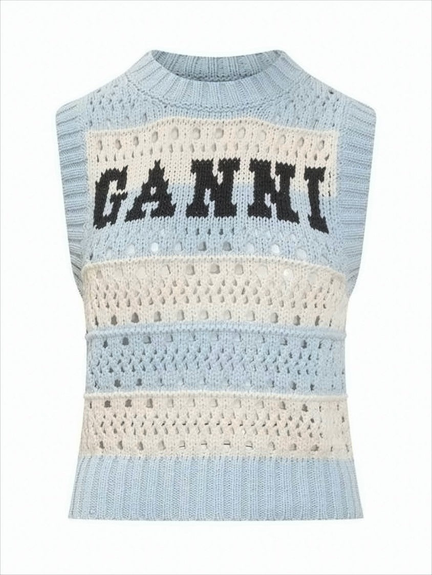Crochet-Patterned Sleeveless Knit Vest With Bold Lettering