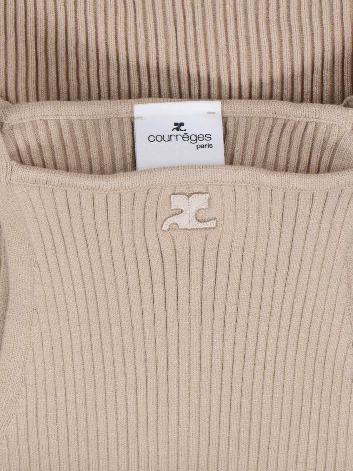 Knitted Top, In Beige Fabric, Ribbed Knit
