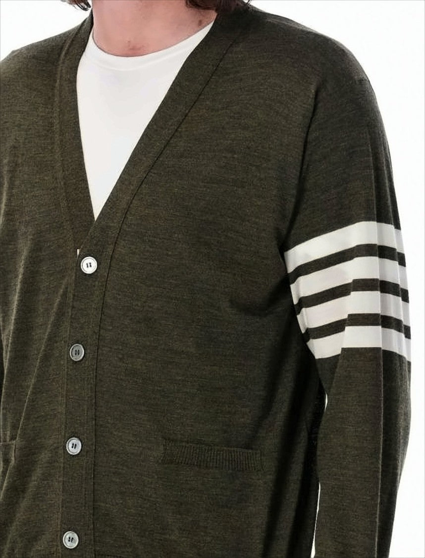 Slim Fit Olive Wool Cardigan with Signature Stripes