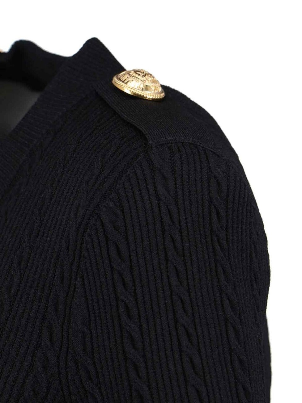 Structured Shoulder Black V-Neck Cardigan With Decorative Buttons