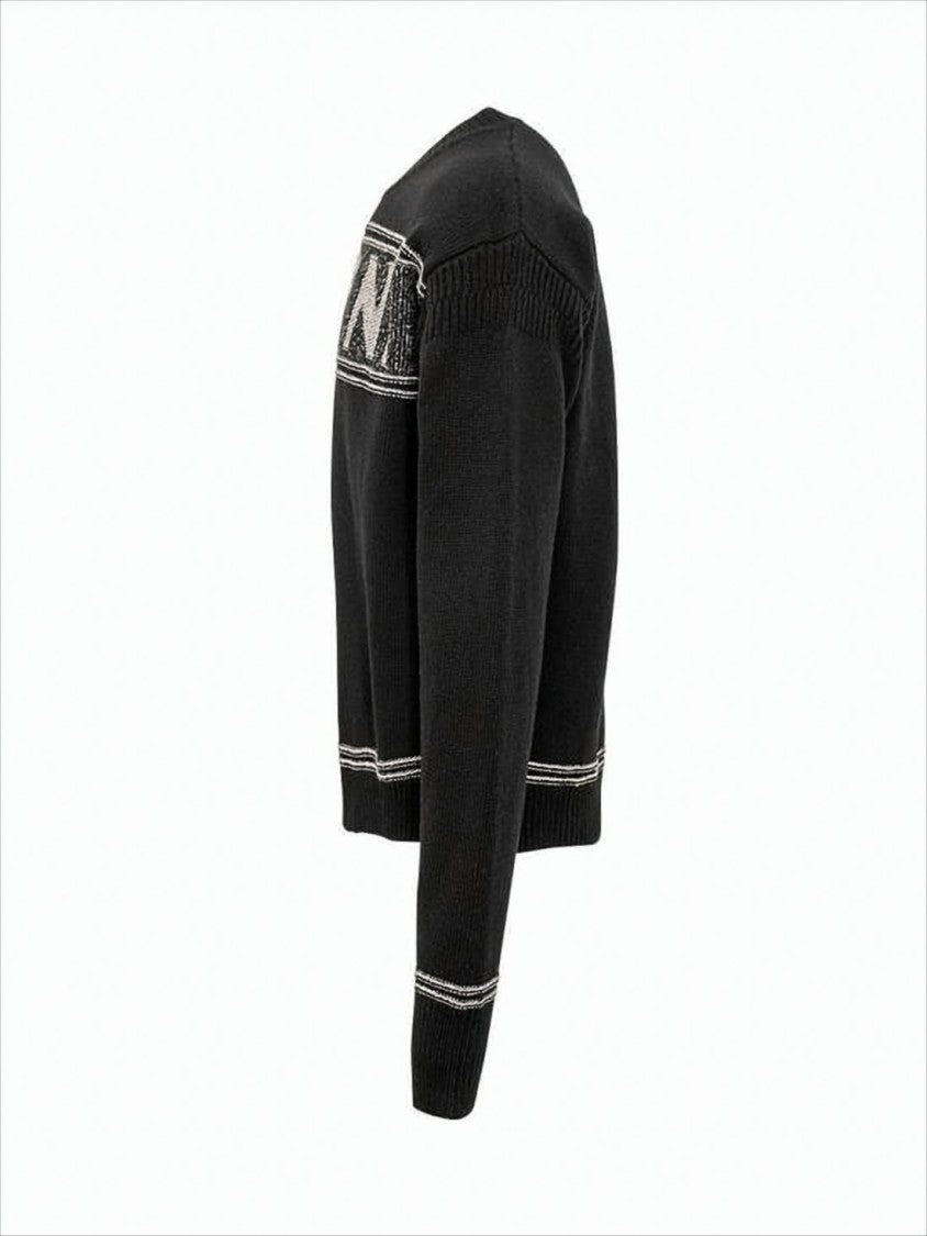 Textured Logo Black Wool Sweater with Cropped Fit