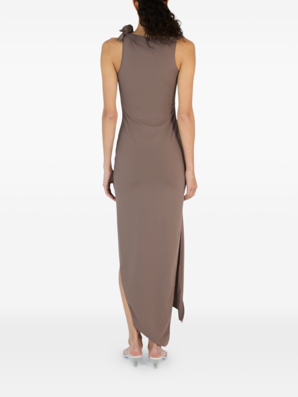 Brown Asymmetrical Rosette Fitted Midi Dress