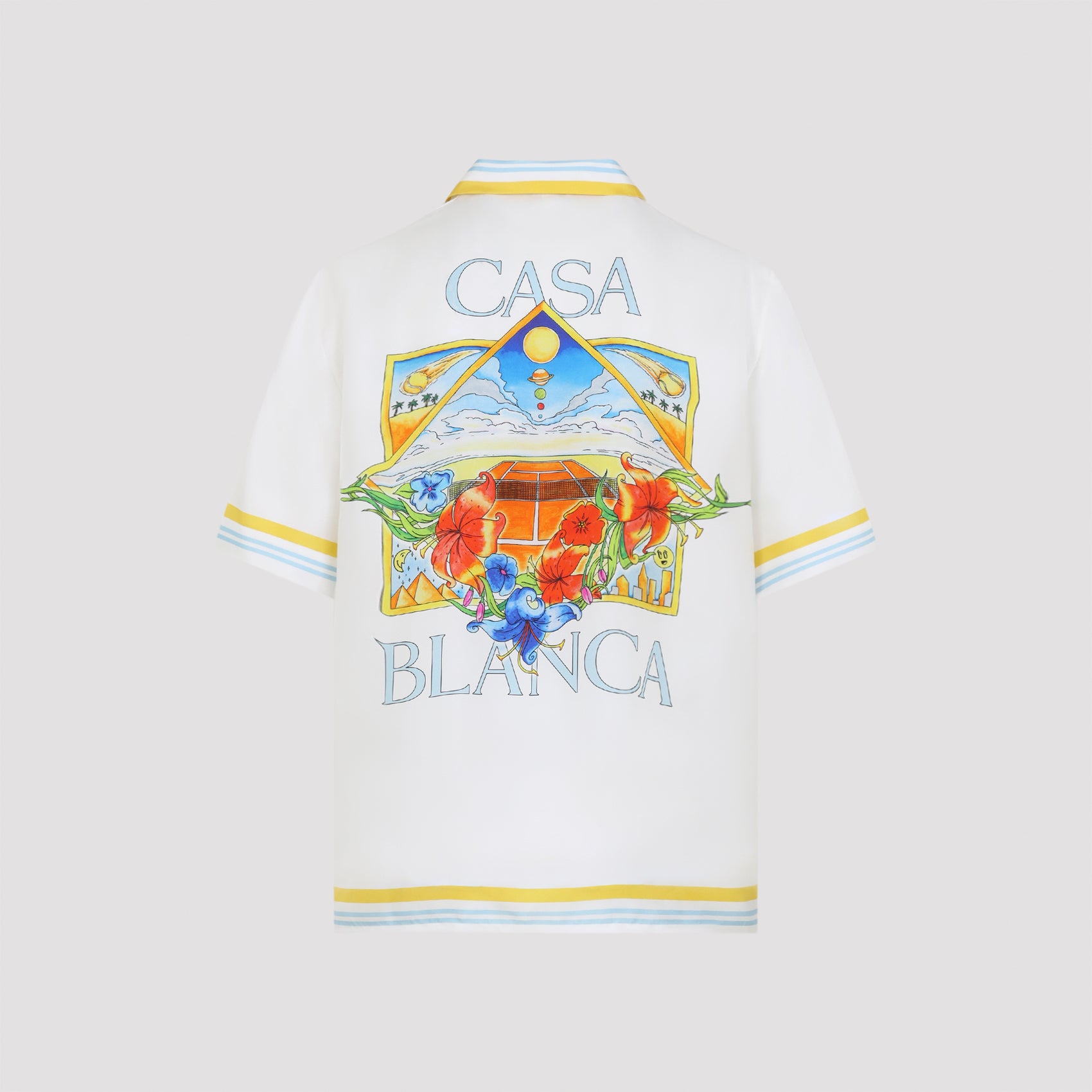 Silk Casual Shirt With Floral Graphic And Striped Accents