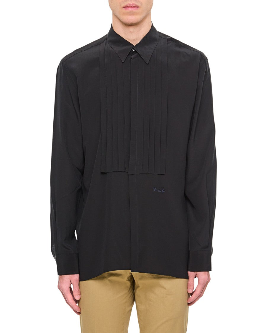 Pleated Front Black Shirt With Classic Collar