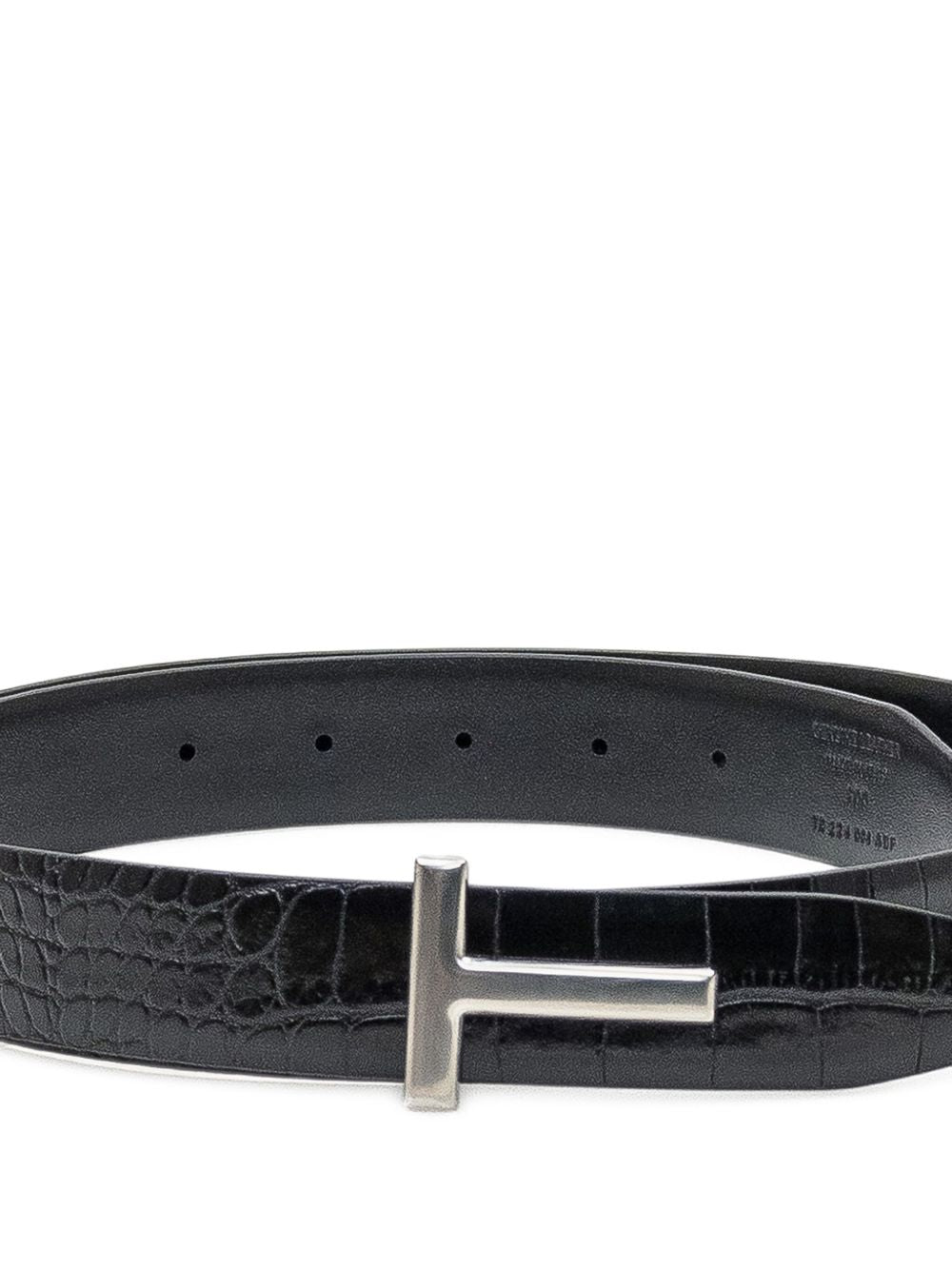 Glossy Crocodile-Print Calf Leather Belt With T-Buckle