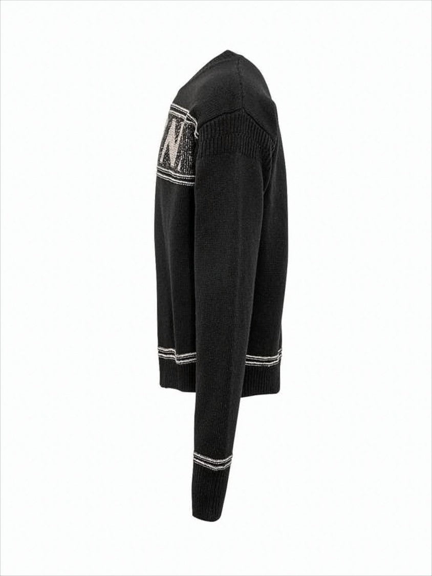 Crew Neck Sweater with Bold Logo and Contrasting Stripes