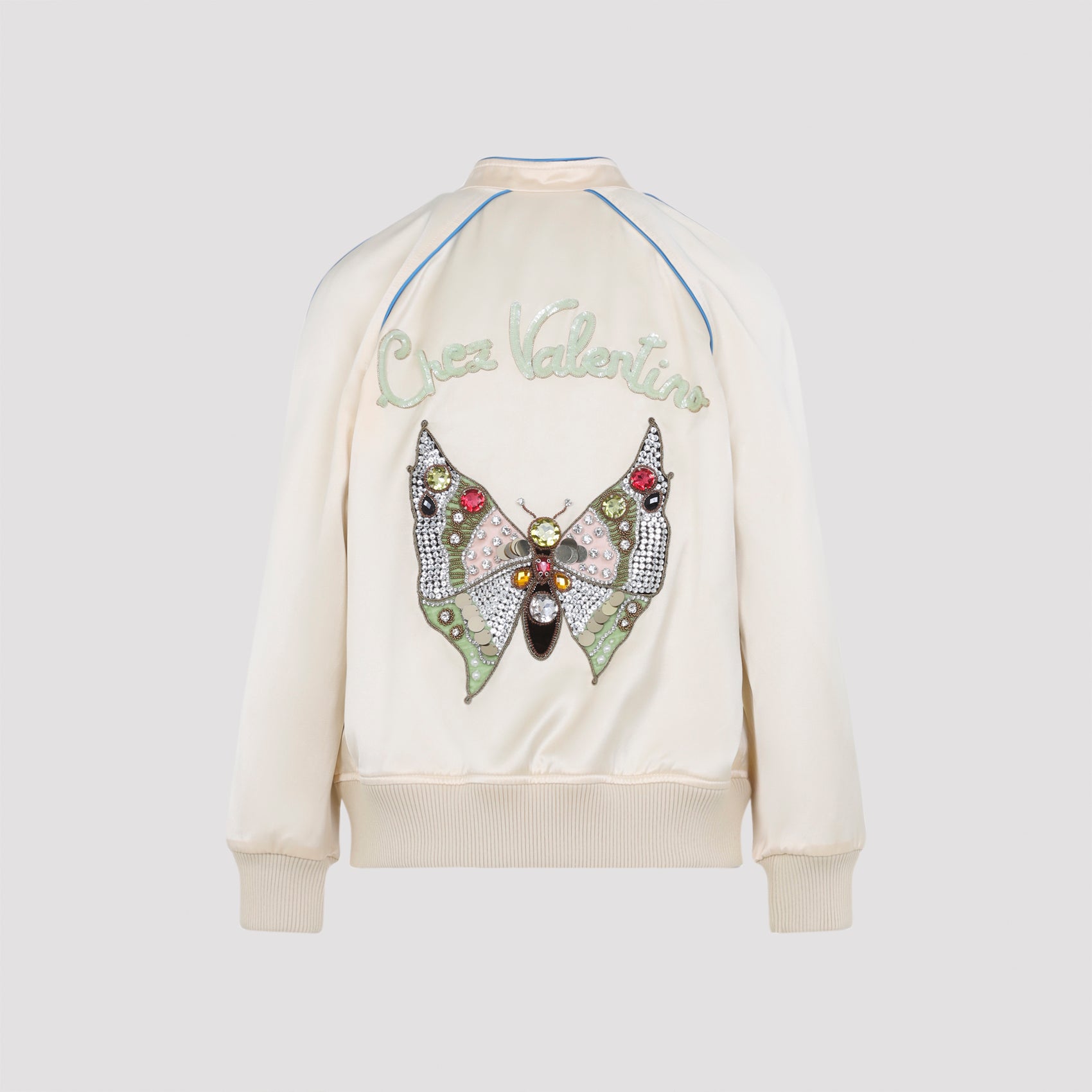 Satin-Finish Ivory Jacket With Butterfly Embroidery