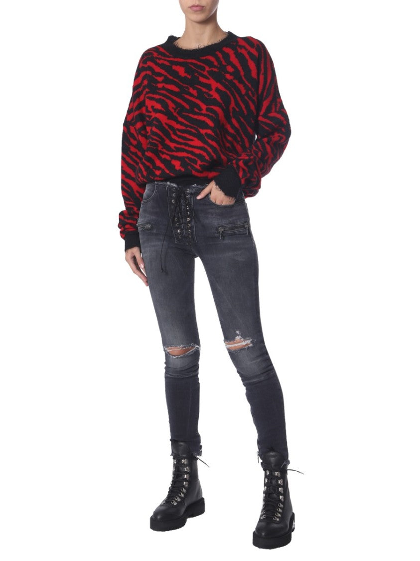 Distressed Black Lace-Up Skinny Fit Jeans