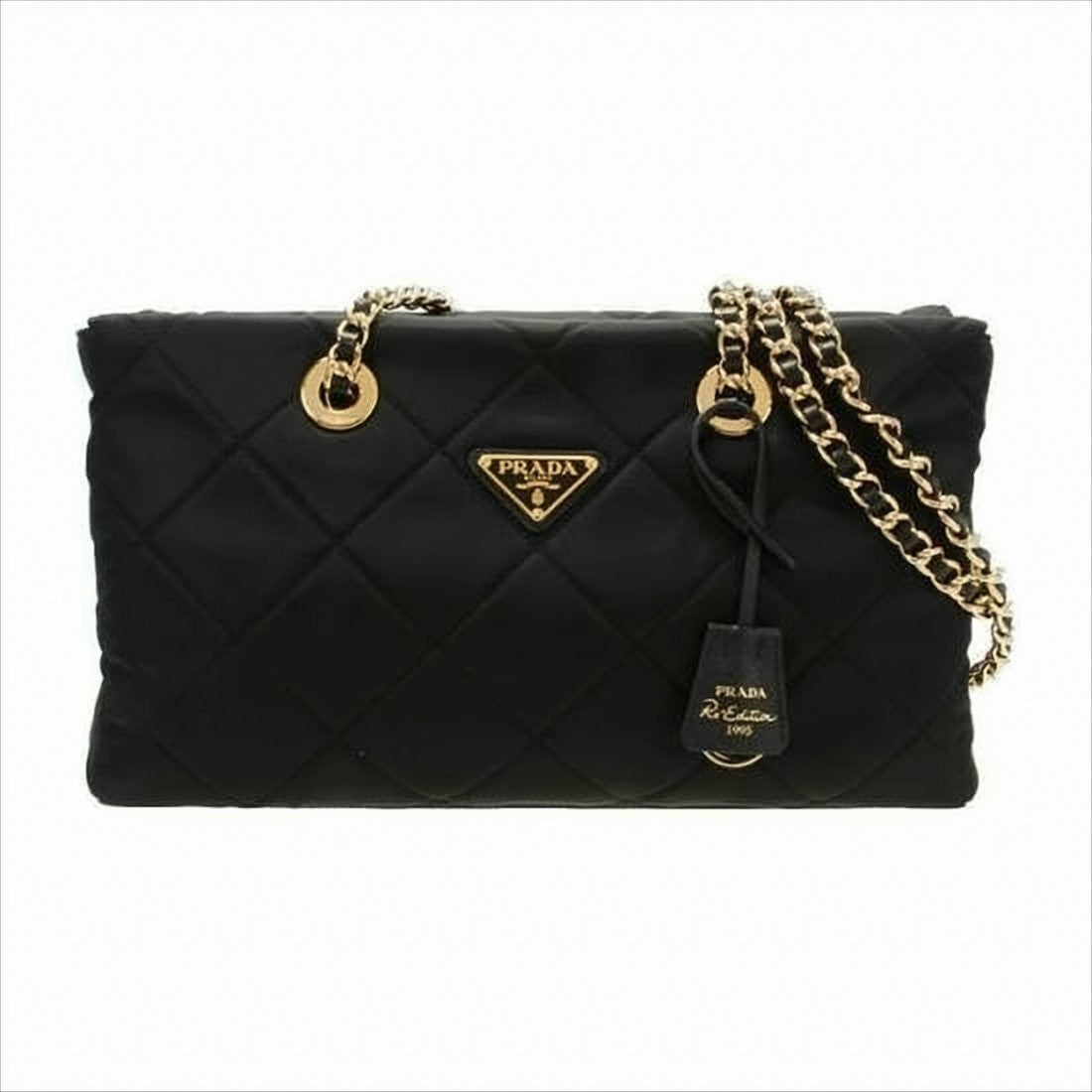 Quilted Black Recycled Polyamide Shoulder Bag With Chain Strap