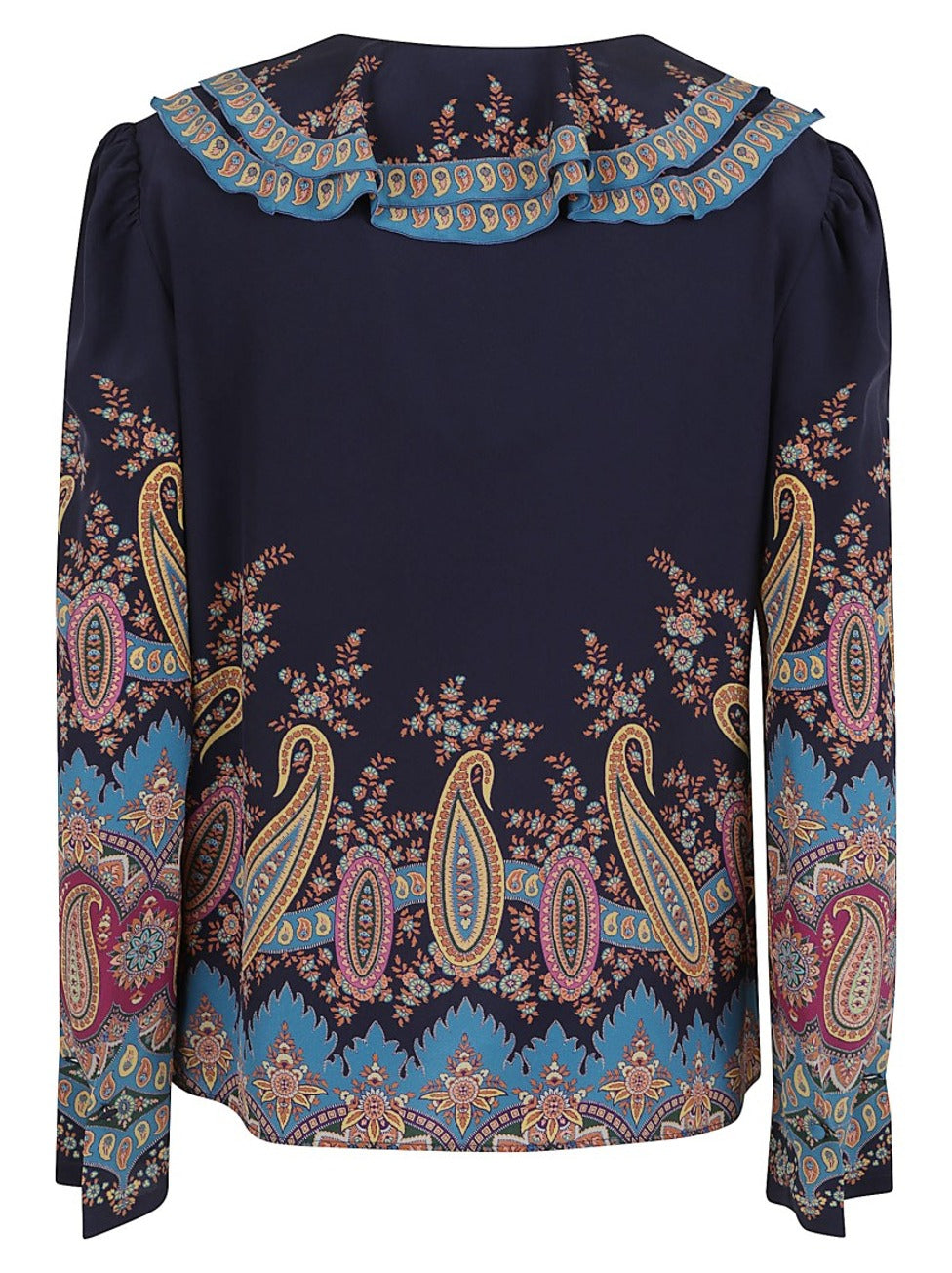 Intricately Patterned Silk Blouse With Ruffled Collar