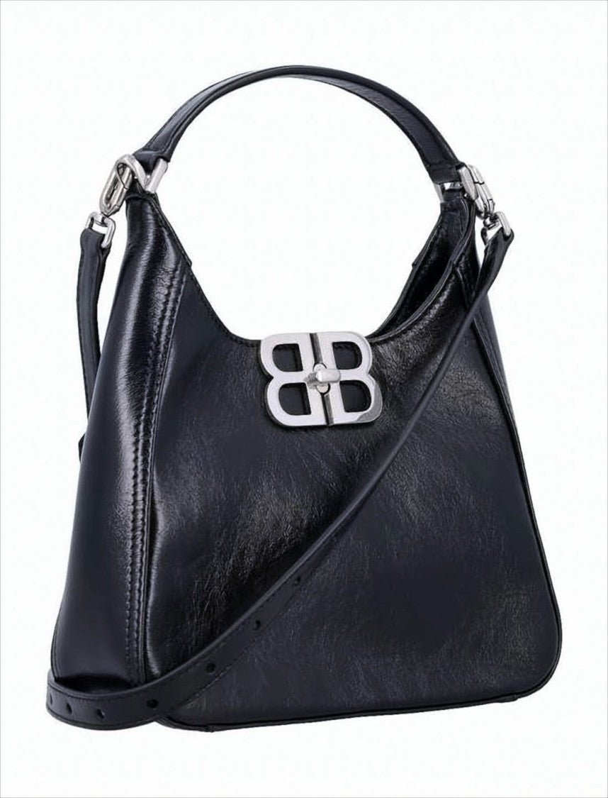 Structured Black Leather Tote Bag with Metallic Double-B Logo