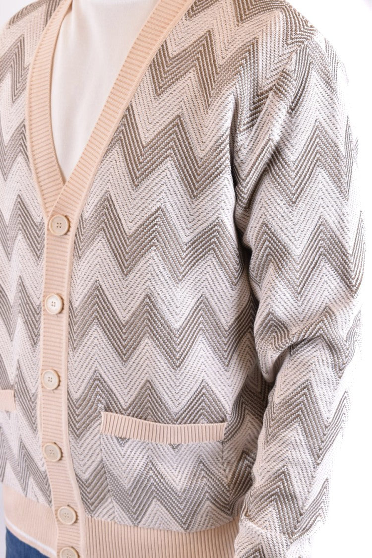 Zigzag Pattern Beige Knitwear With V-Neckline
