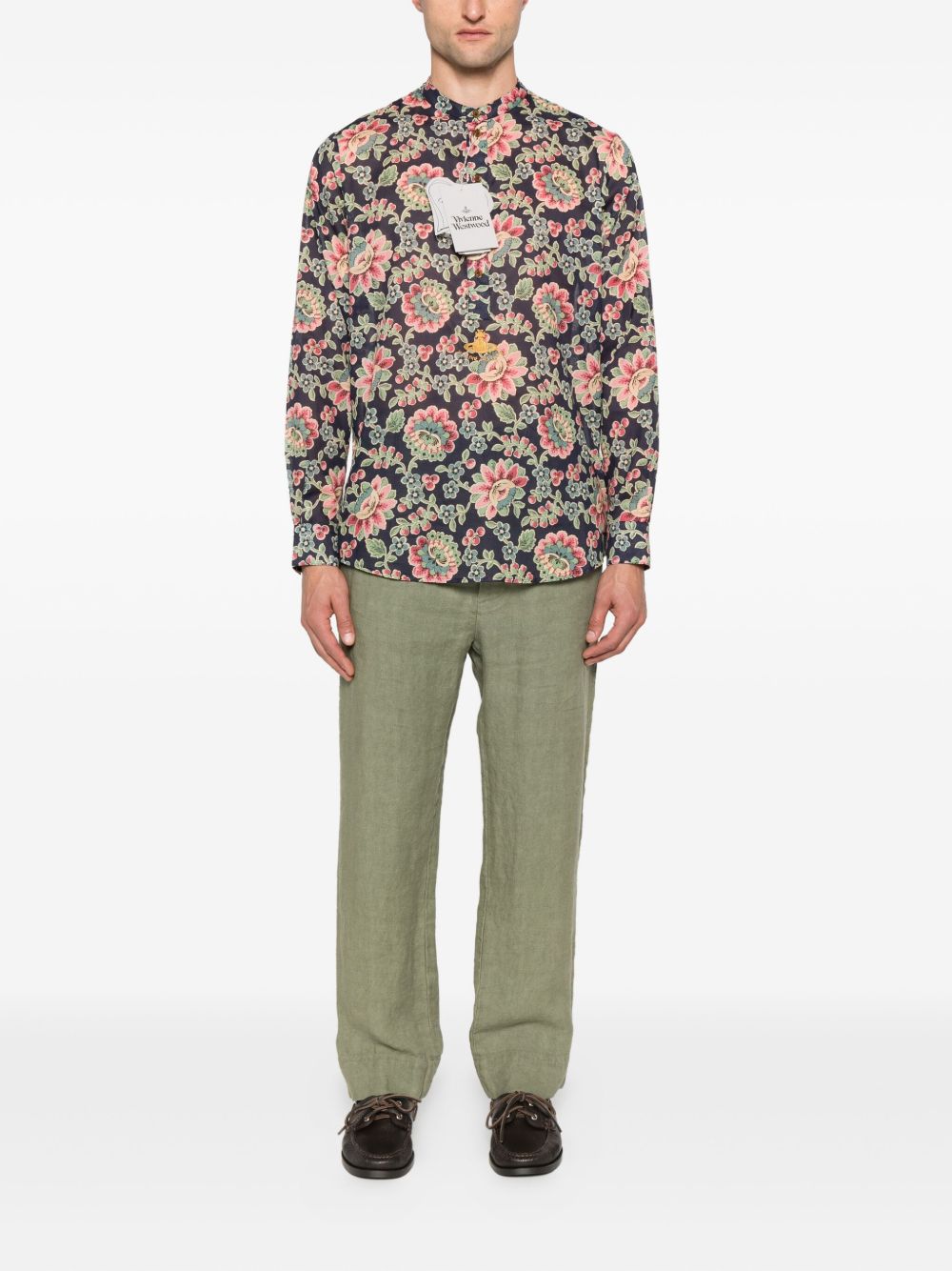 Dark Blue Floral Print Mock Neck Shirt
