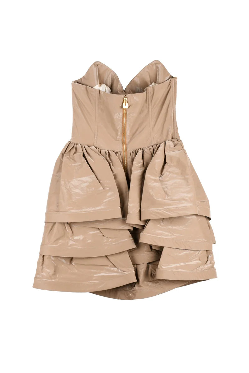 Ruffled Mini Dress Heart Neckline - Grey