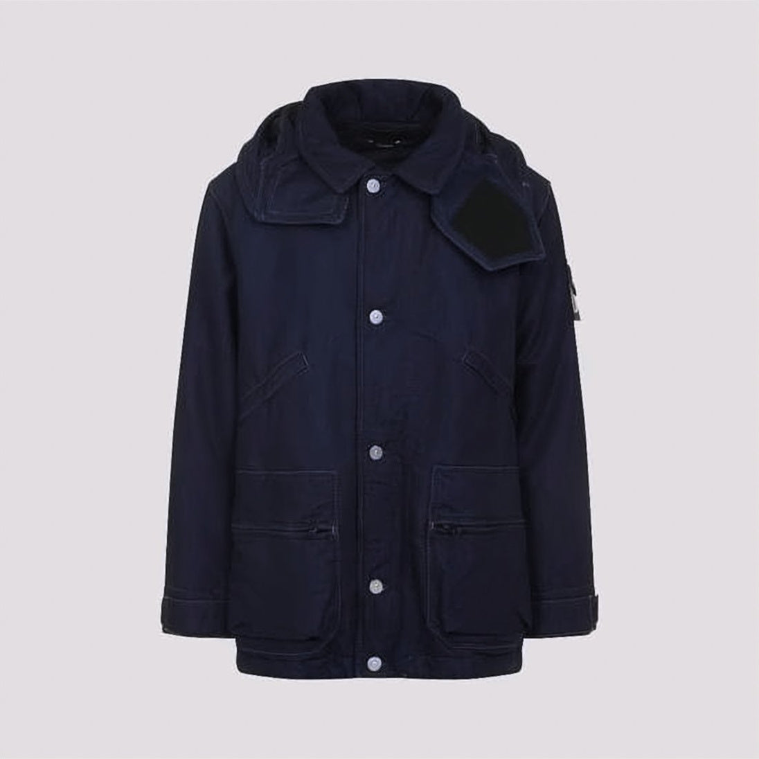 Navy Padded Jacket With Structured Collar And Detachable Hood