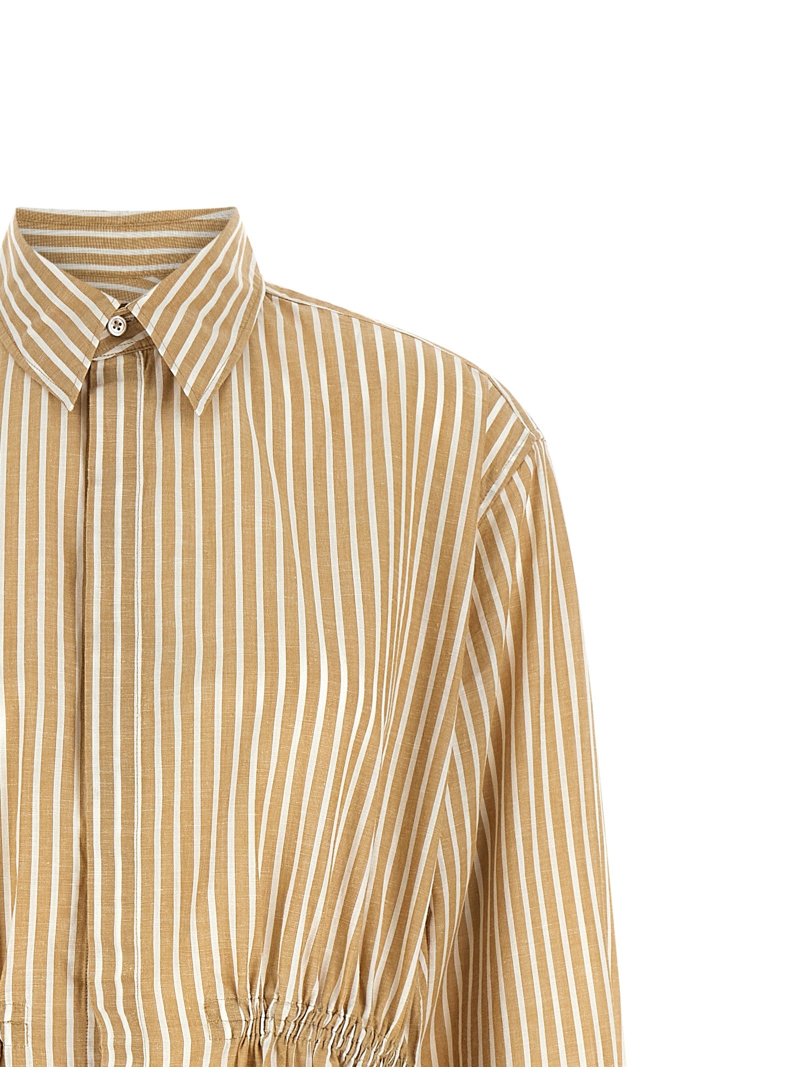 Trapeze Midi Chemisier Dress in Striped Cotton-Linen Blend