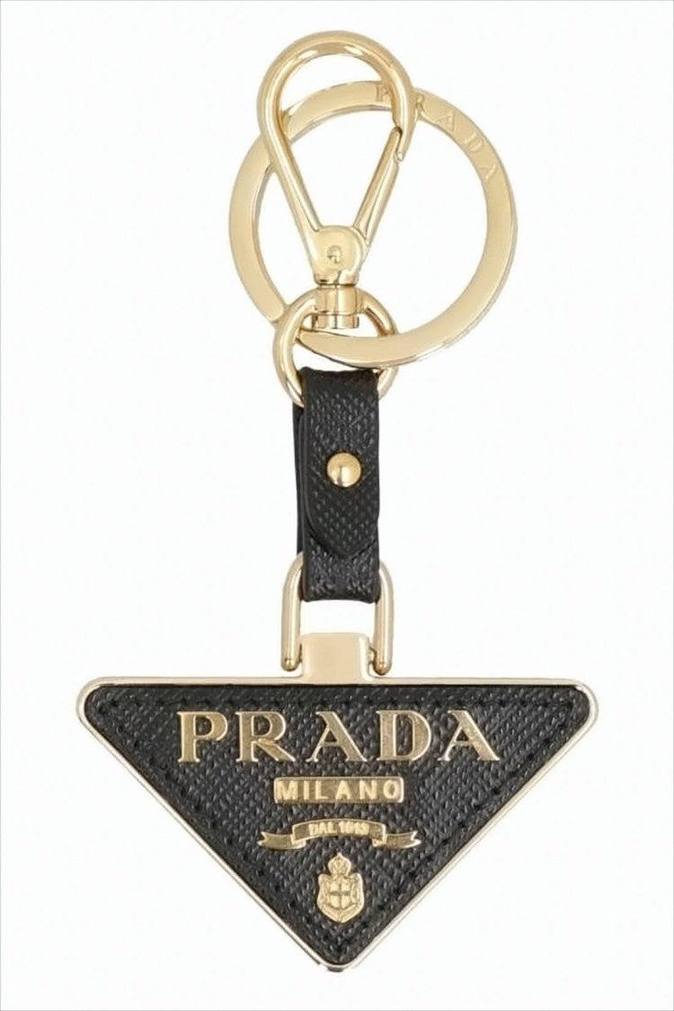 Textured Black Leather Keyring With Gold Accents