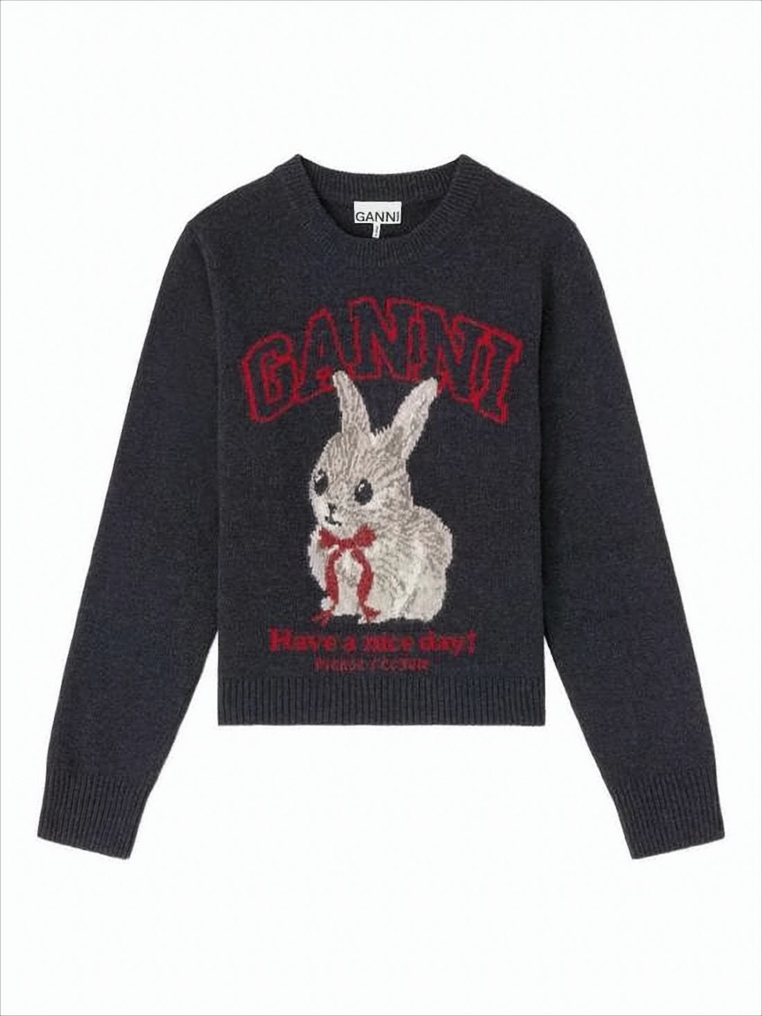 Knitted Bunny Design Sweater with Classic Crew Neckline