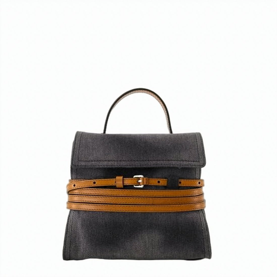 Black Tote Bag with Belted Design and Flap Closure
