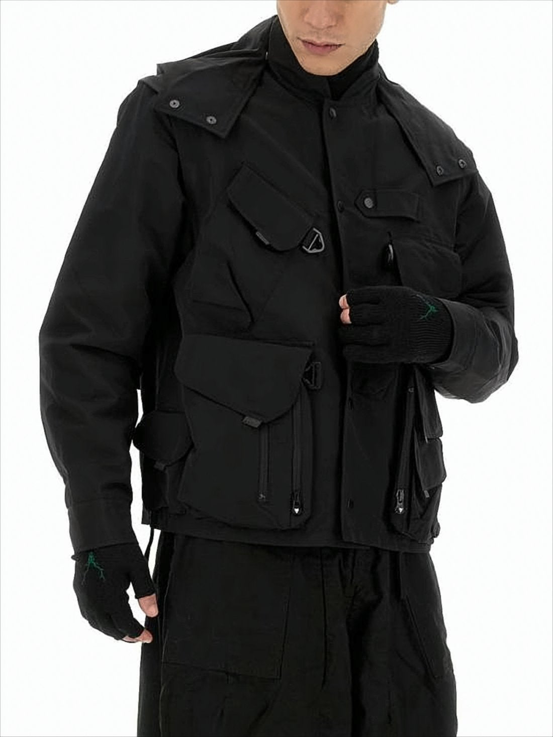 Structured Black Utility Jacket with Layered Design