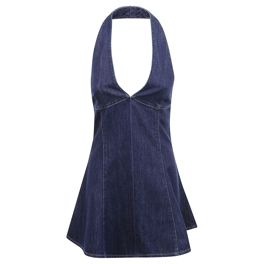 Dark Blue Denim Mini Dress with Halter Neckline