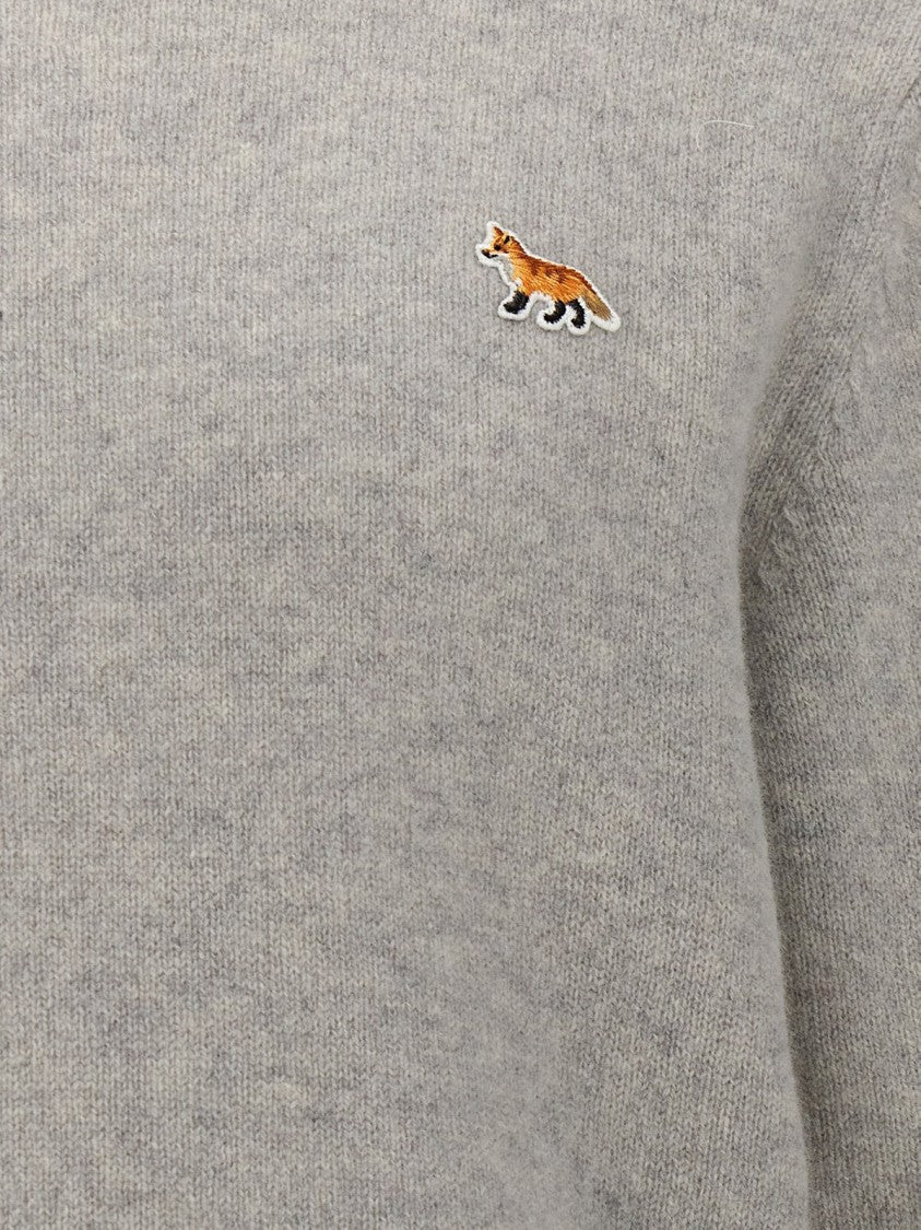 Heathered Grey Crewneck Sweater With Embroidered Fox Emblem