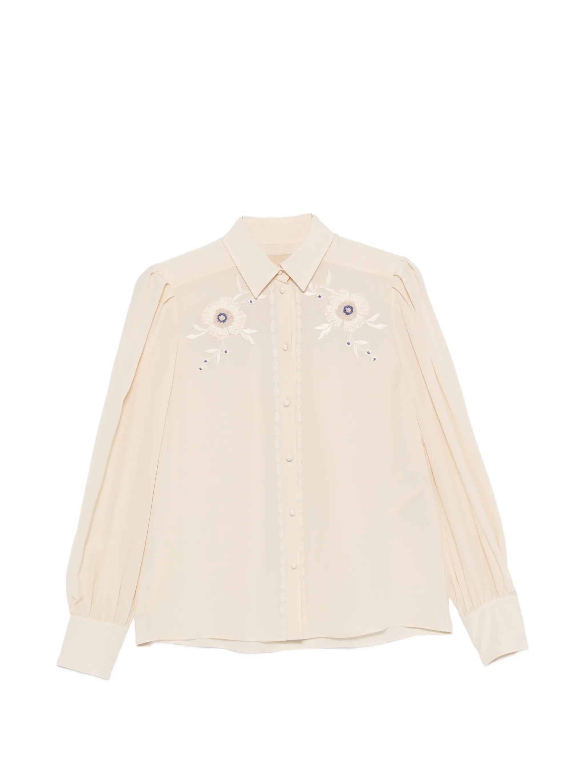 Neutral Floral Embroidered Puff Sleeve Shirt