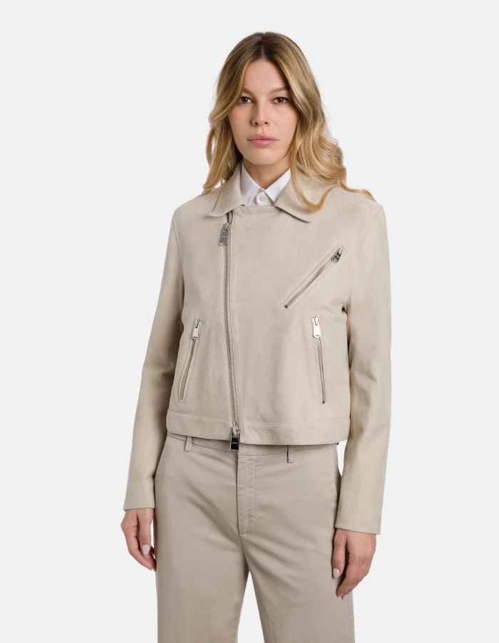 Cropped Jacket with Asymmetrical Zipper and Minimalist Design