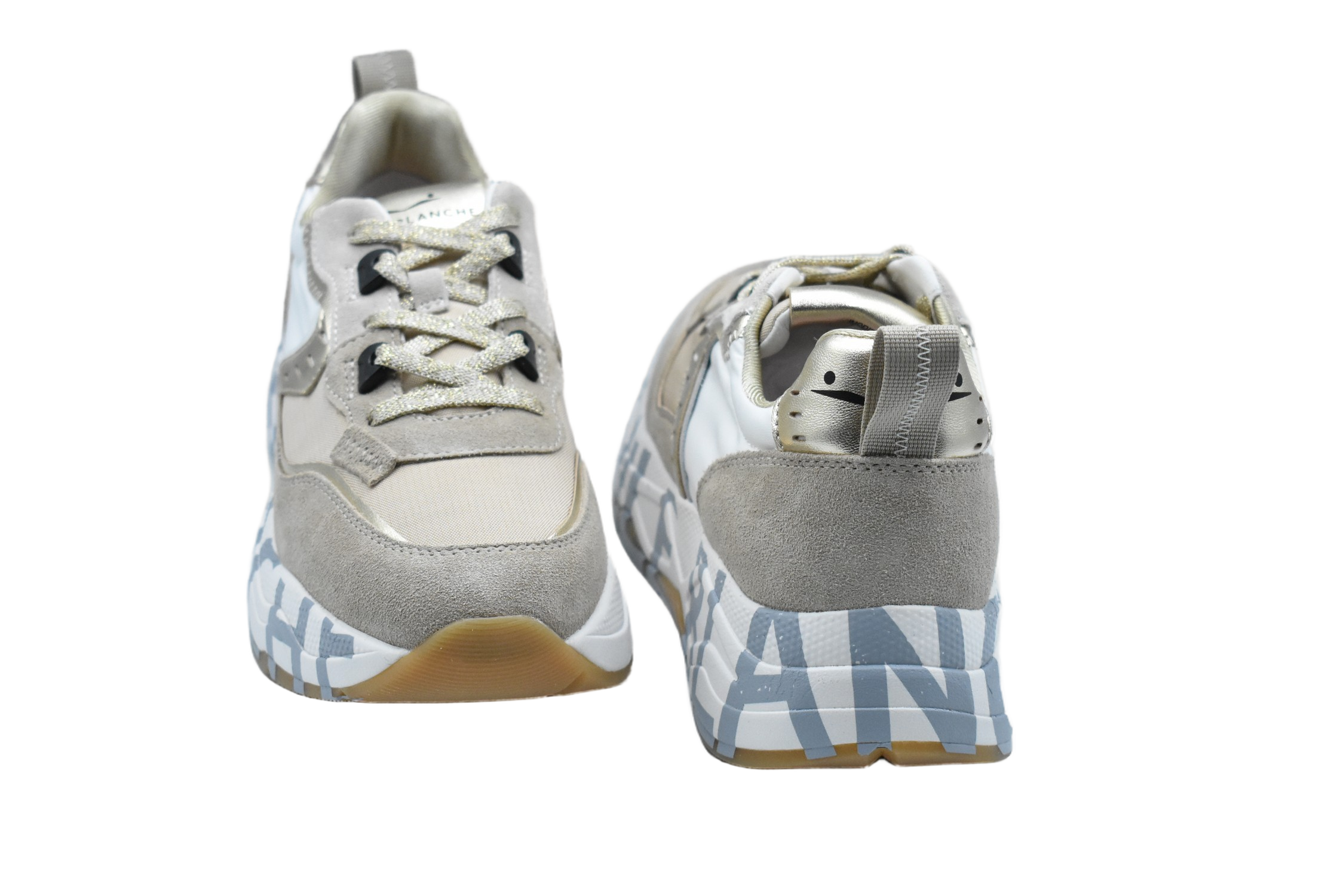 Beige-Platinum Low Sneakers With Contrasting Stitching