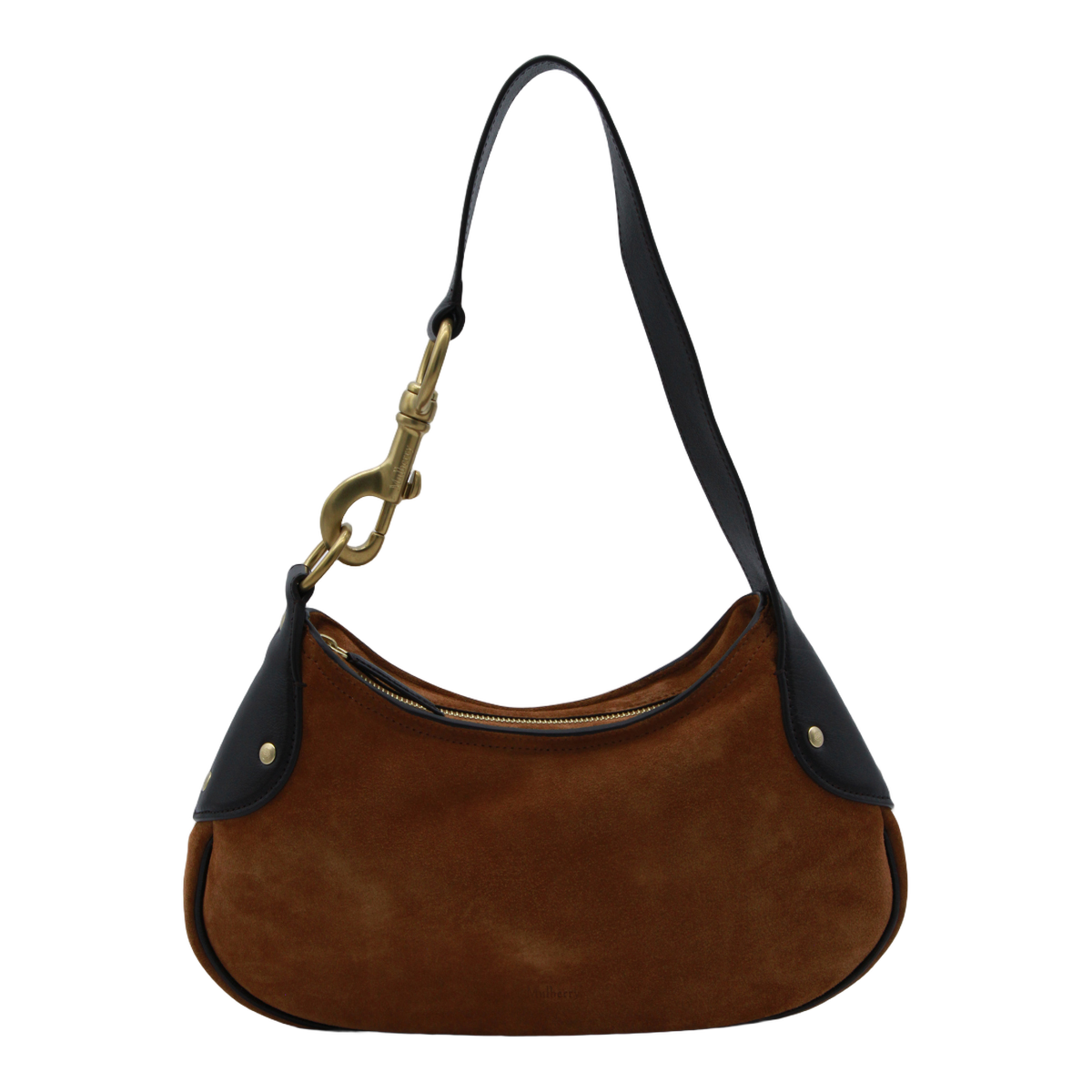 Crescent-Shaped Brown Suede Bag with Gold-Tone Clasp