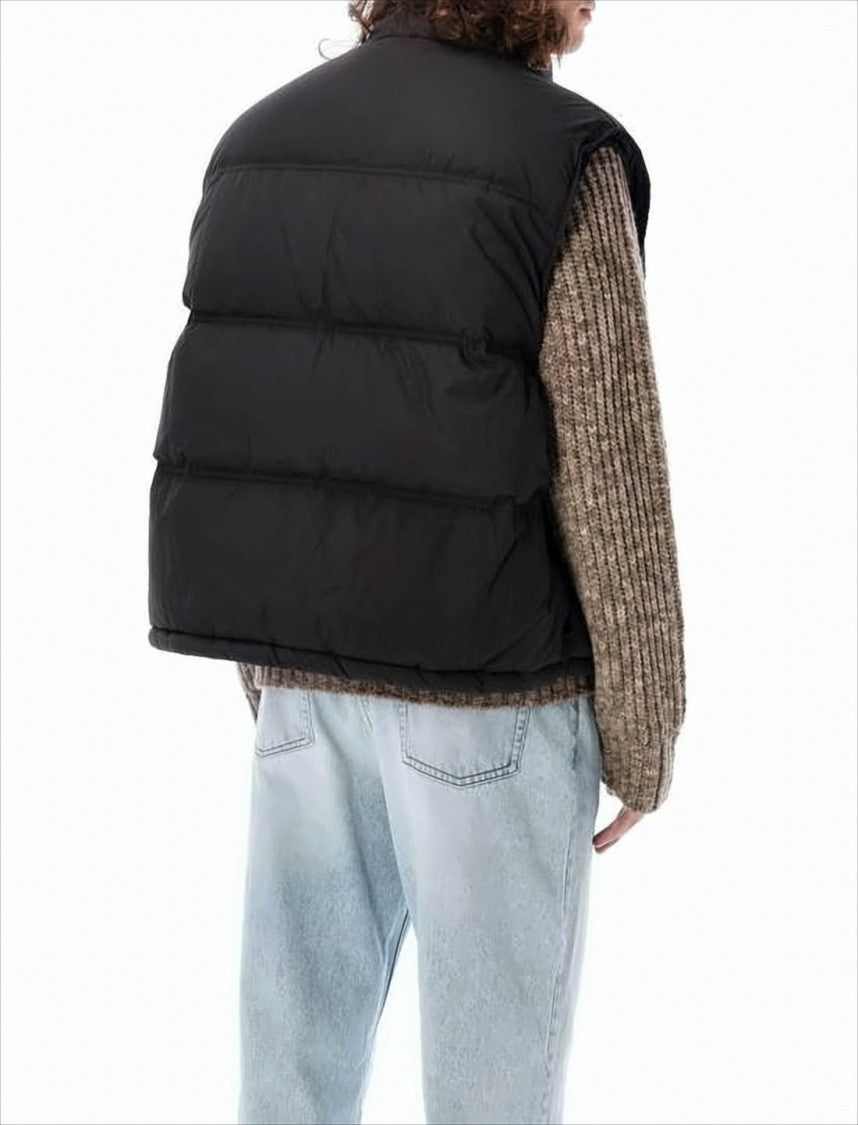 Black Padded Vest With High Collar And Quilted Finish