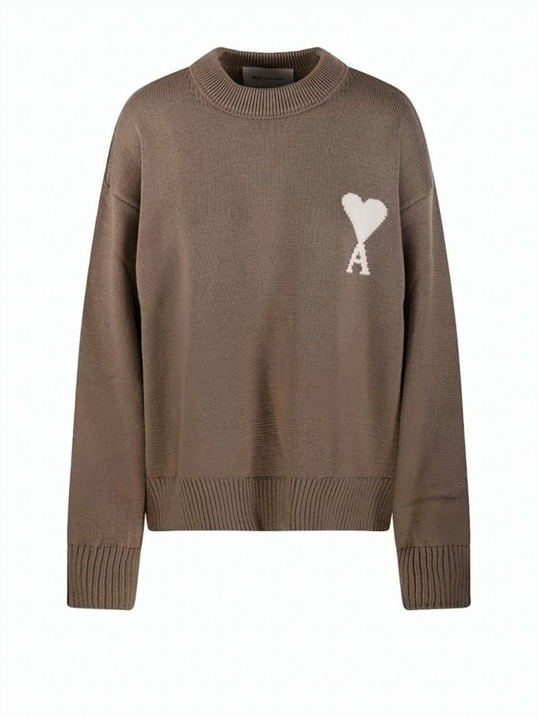Knit Crewneck Sweater With Heart Motif In Brown