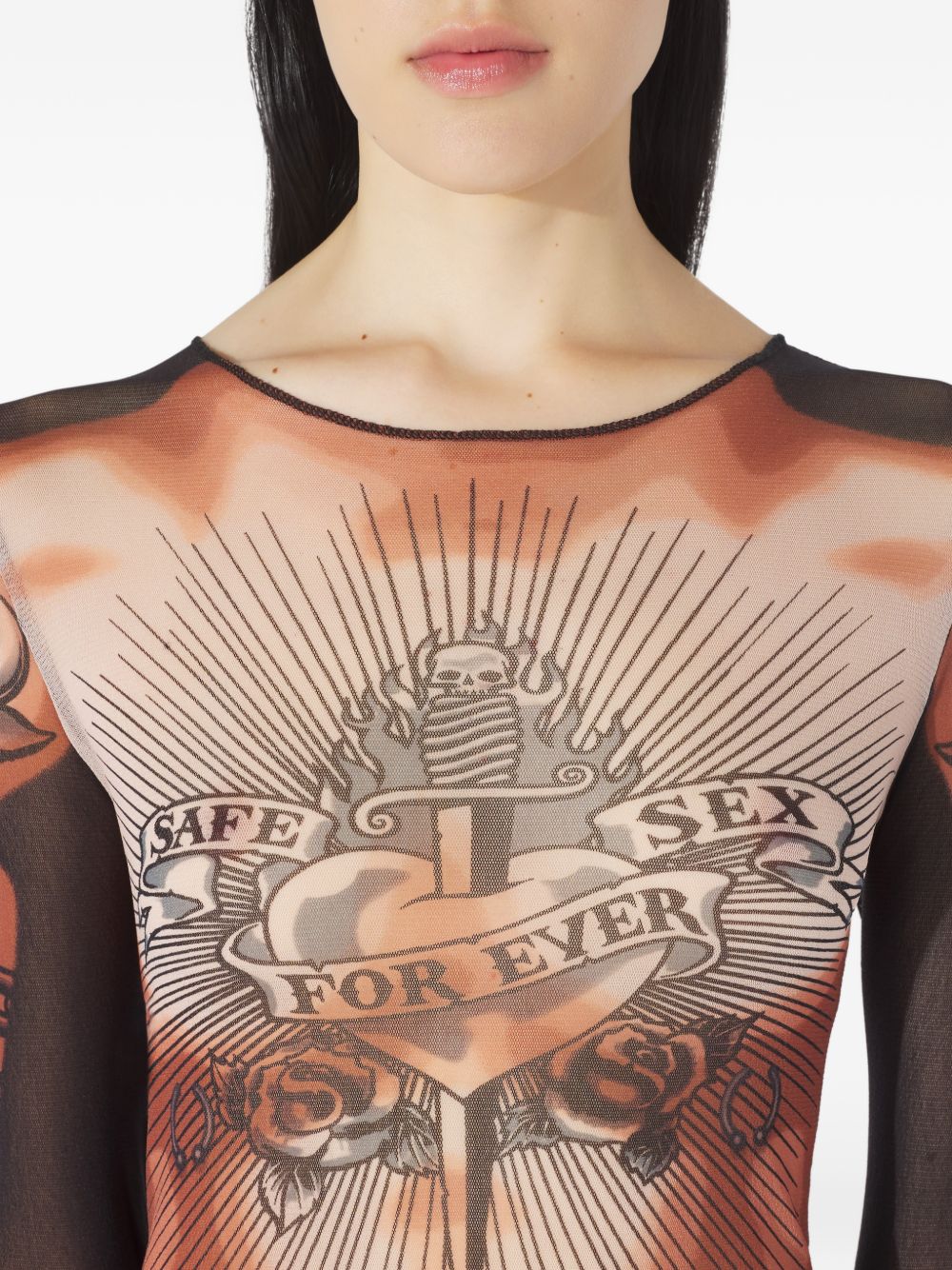 Tattoo-Inspired Sheer Long-Sleeved Top With Bold Motifs