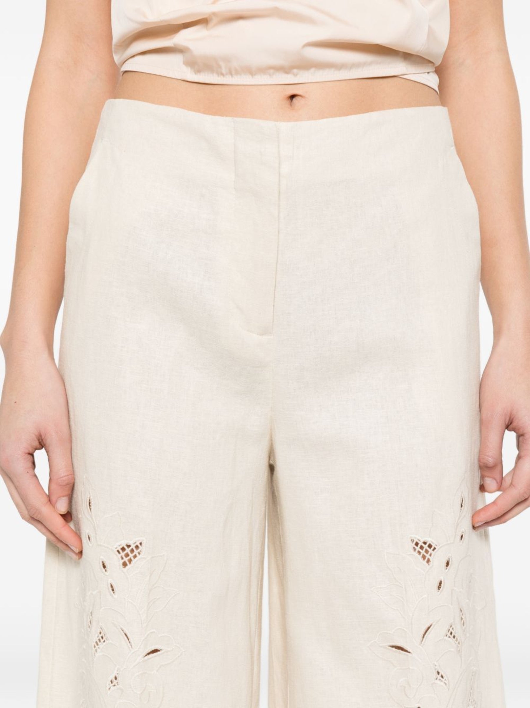 Wide-Leg Cropped Pants with Intricate Floral Embroidery