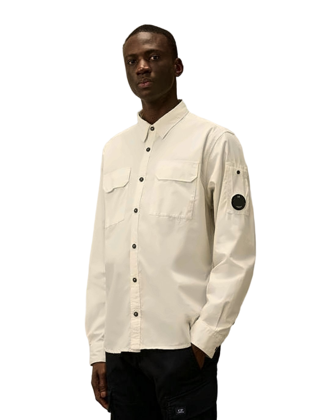 Minimalist White Long-Sleeve Shirt with Distinctive Patch