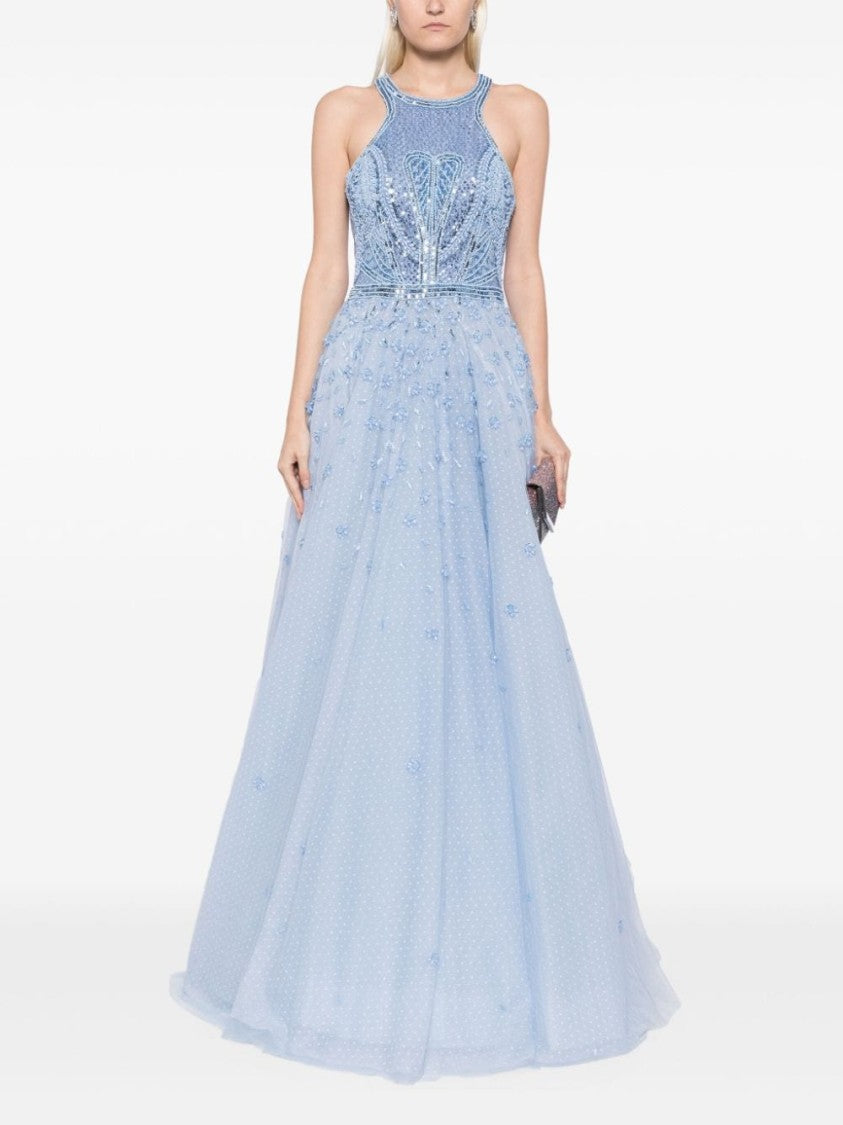 Tulle Beaded Dress With Halter Neckline