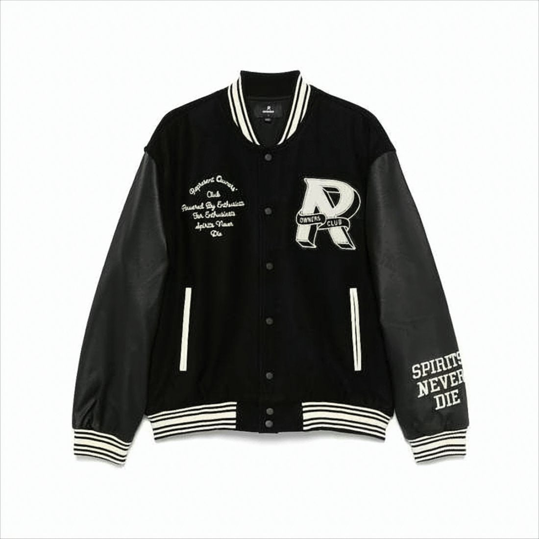 Varsity-Style Jacket with Contrasting Leather Sleeves