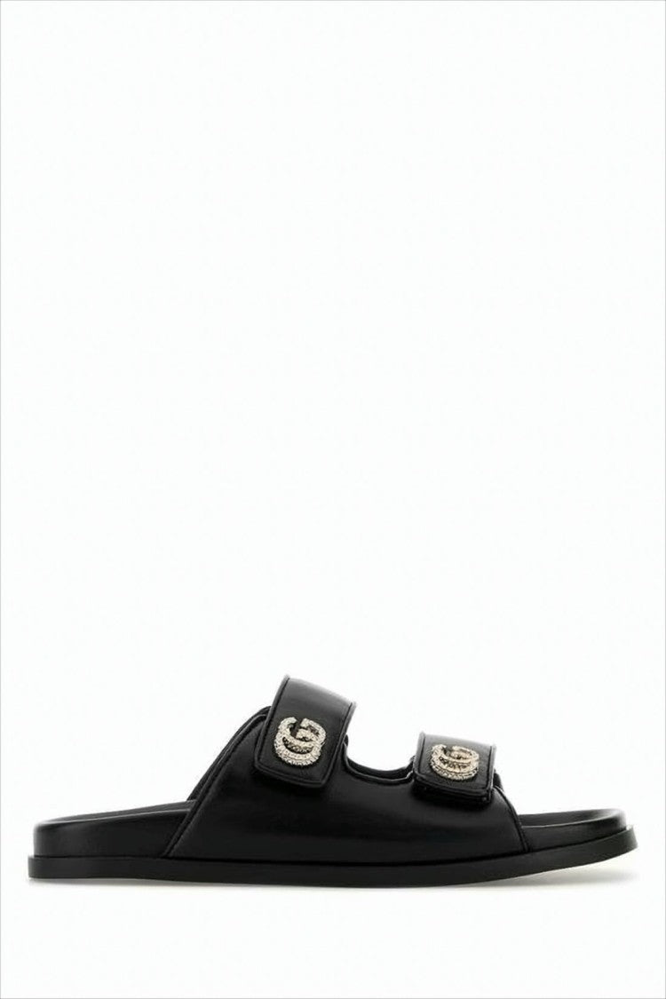 Flat Black Leather and Canvas Sandal