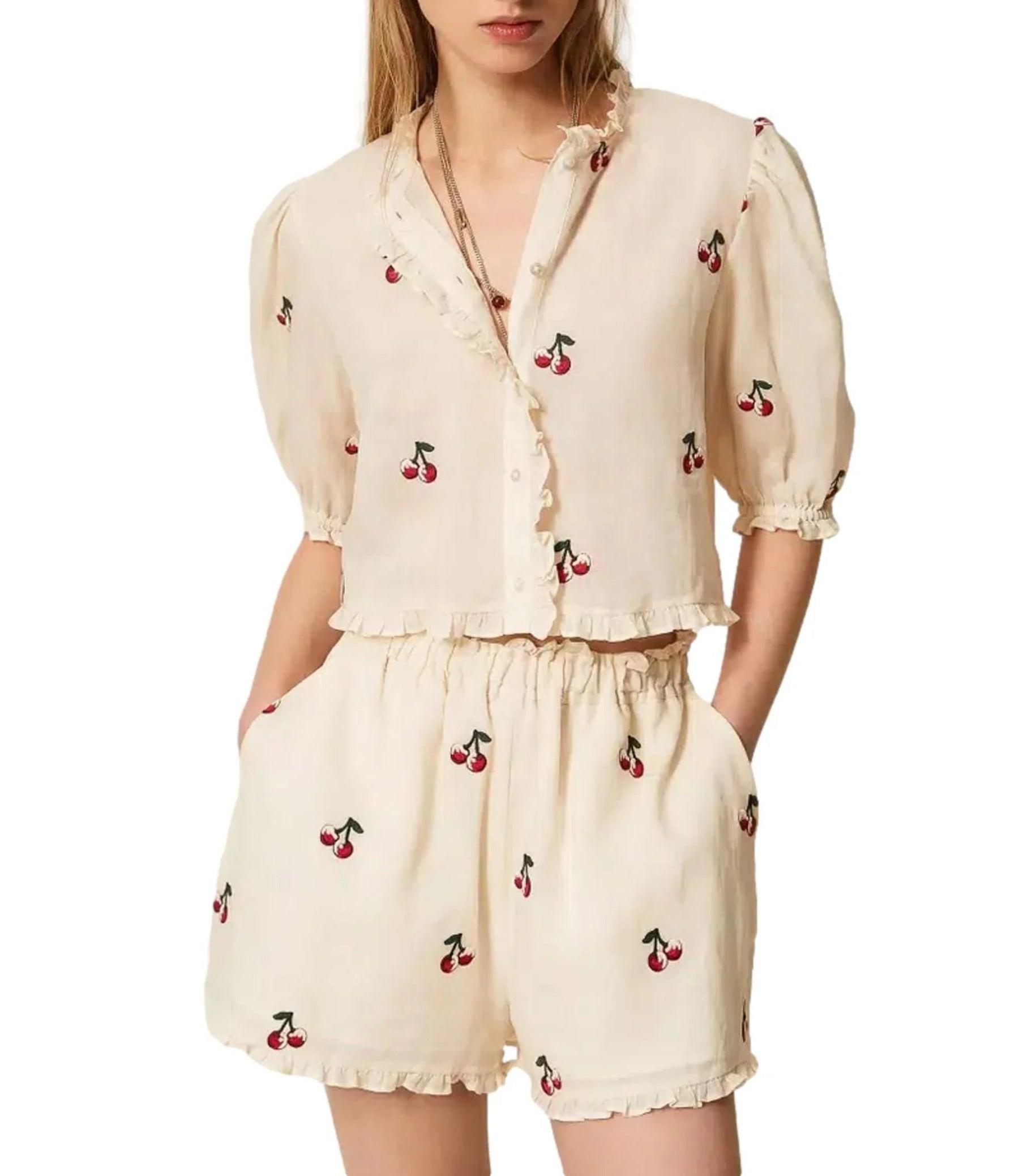 Cropped Blouse with Cherry Print and Ruffle Detailing