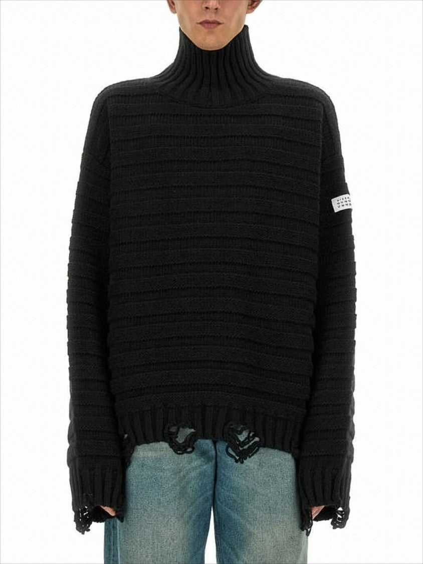 Oversized Black Ribbed Knit Turtleneck Sweater