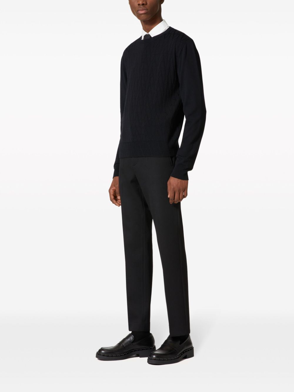 Monogram Jacquard Crew Neck Sweater in Black Virgin Wool