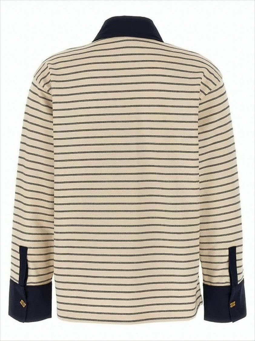 Boxy Striped Long-Sleeved Top with Gold-tone Accents