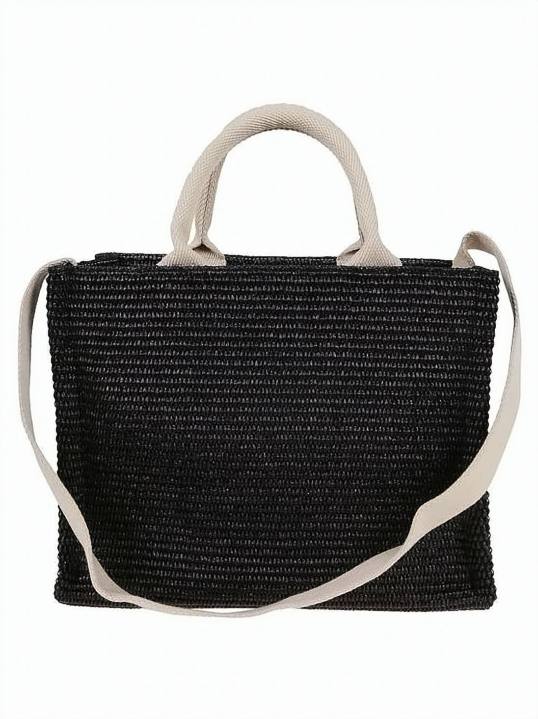 Textured Black Woven Tote Bag with Beige Handles
