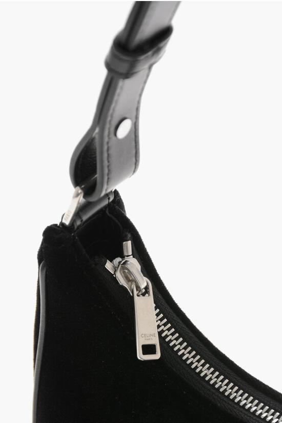 Crescent-Shape Velvet Shoulder Bag with Embellished Logo