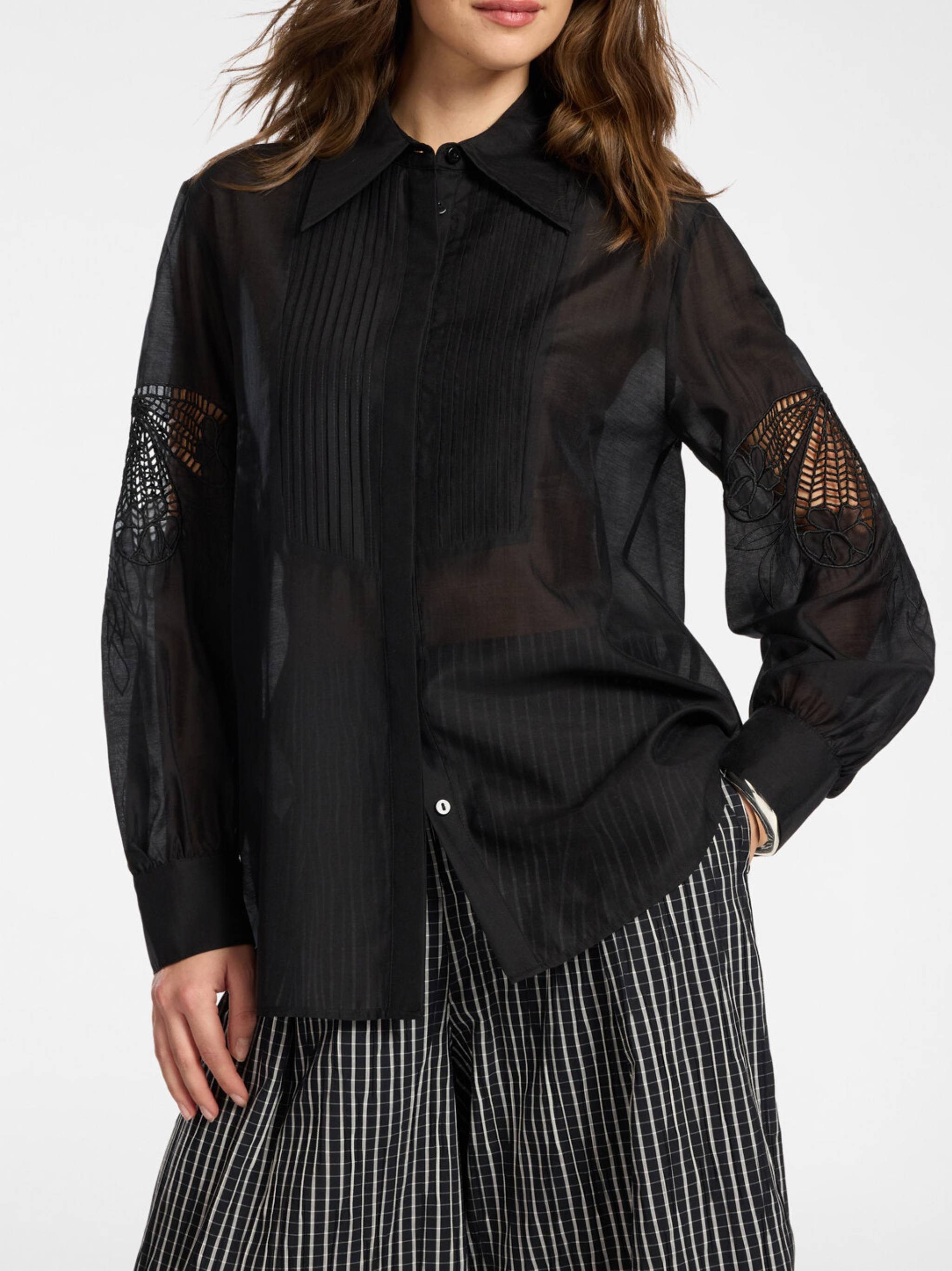 Sheer Black Lace Detail Silk Blouse
