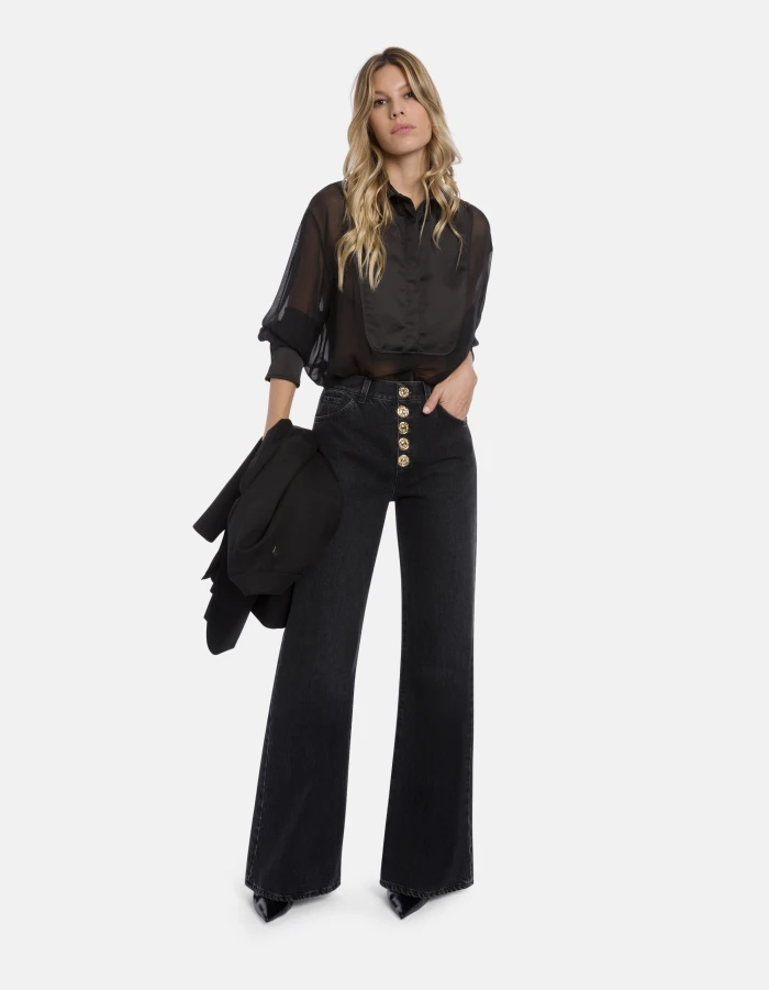 Wide-Leg Jeans with Ornate Gold Button Detailing